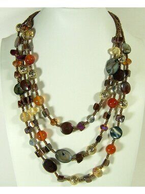 Semi Precious Gemstone Carnelian Shell Metal Beads MultiStrand Fashion Necklace